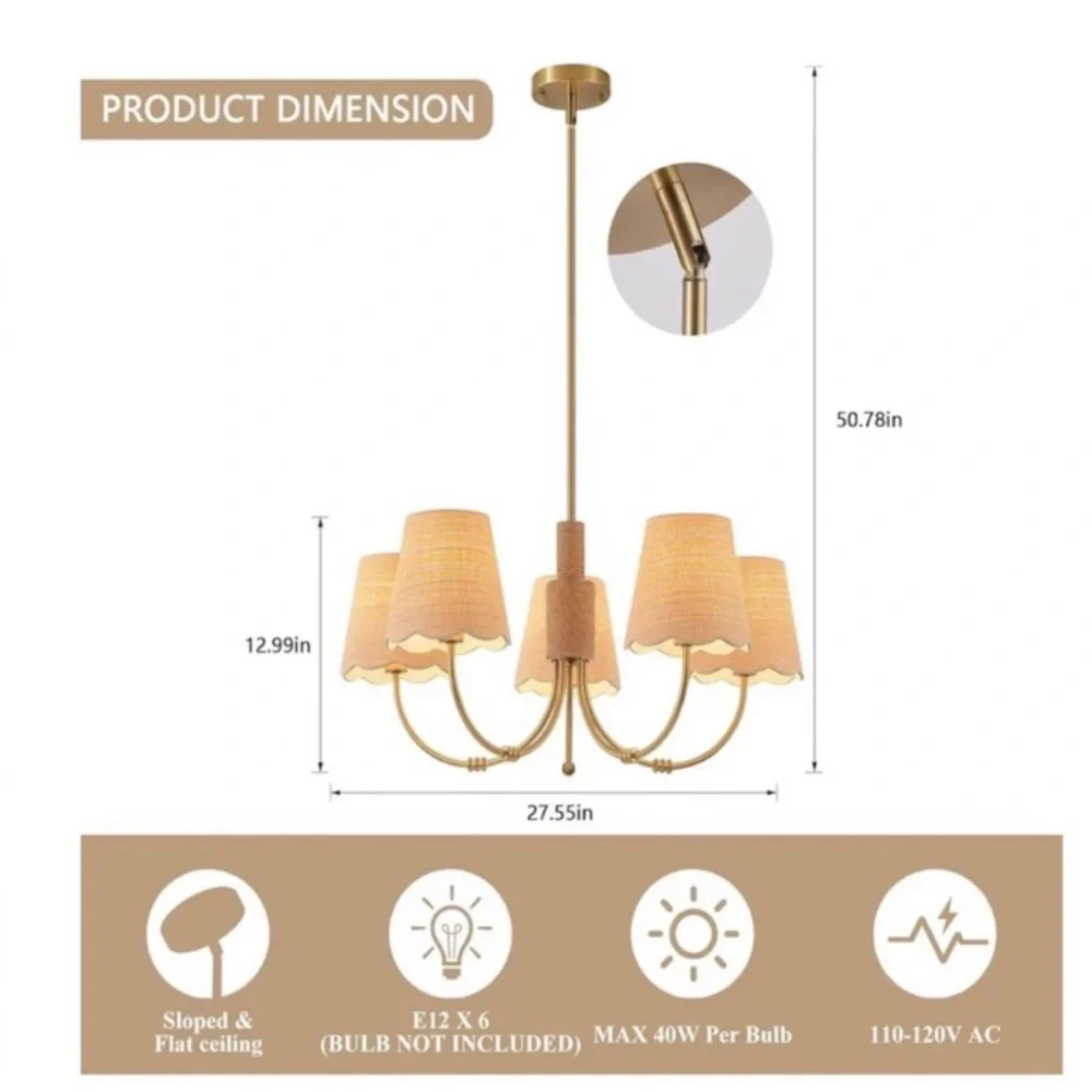 NIB Boho Rattan Chandelier Fabric Shade Antique Gold Brass 5-Lights Hemp Rope